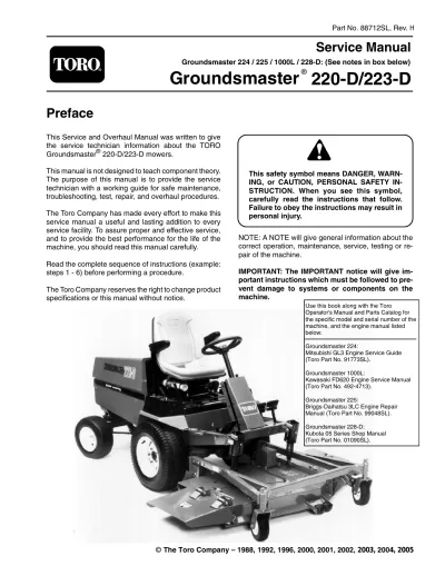 Preview: Toro Groundsmaster 220-D/223-D Service Manual (P/N 88712SL)