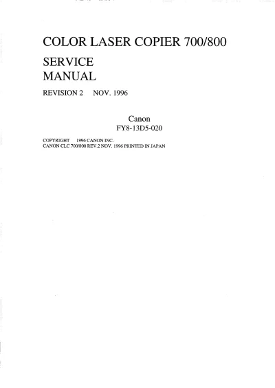 Preview: 1996 Canon CLC700 / CLC800 Color Laser Copier Service Manual (P/N FY8-13D5-020)