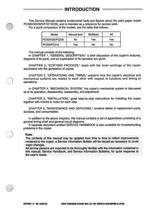 Canon PC300, PC320, PC325, FC210, FC230 copier service manual Preview image 3