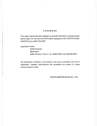 Toyota Coaster and Land Cruiser Engine Repair Manual (BU20, BB10) Preview image 2