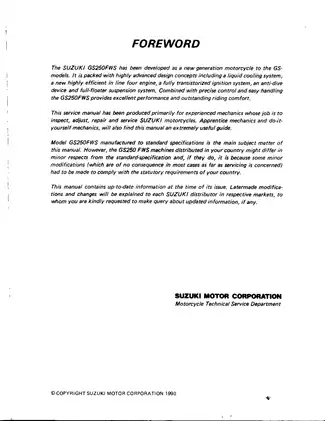 Suzuki GS250FWS Motorcycle Service Manual (1990) - Ultimate Repair Guide Preview image 2