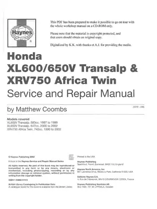 Honda Transalp & Africa Twin Service and Repair Manual (1987-2002) Preview image 2