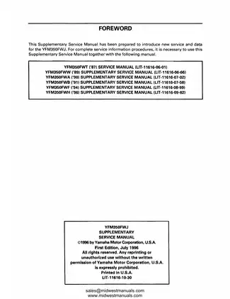 Yamaha YFM350FWJ Supplementary Service Manual - Expert Maintenance and Repair Guide manual page 3 preview Yamaha Yamaha YFM350FWJ Supplementary Service Manual - Expert Maintenance and Repair Guide manual preview page 3 - thumbnail