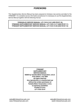 Yamaha YFM250BT 2005 Supplementary Service Manual - Complete Repair Guide Preview image 2