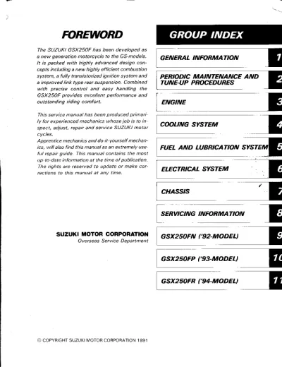 Preview: 1992–1994 Suzuki GSX250F, GSX250FWN, GSX250FP, and GSX250FR Service Manual (P/N 99000-25010)
