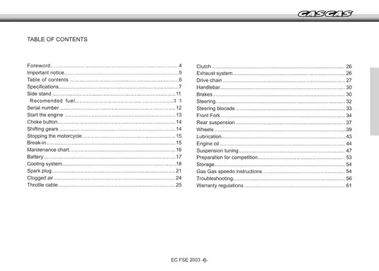 GAS GAS EC FSE 400/450cc Motorcycle Manual - Comprehensive Maintenance Guide Preview image 4
