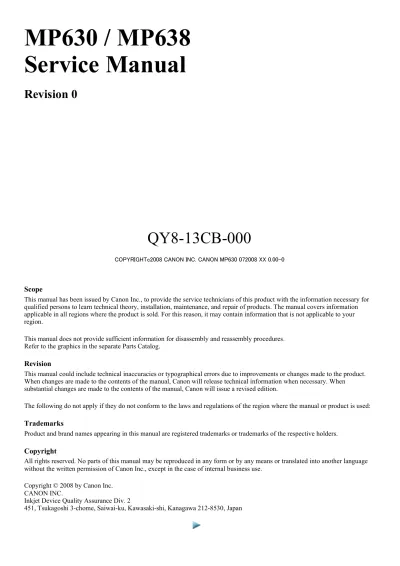 Preview: 2008 Canon MP630 / MP638 Service Manual (P/N  QY8-13CB-000)