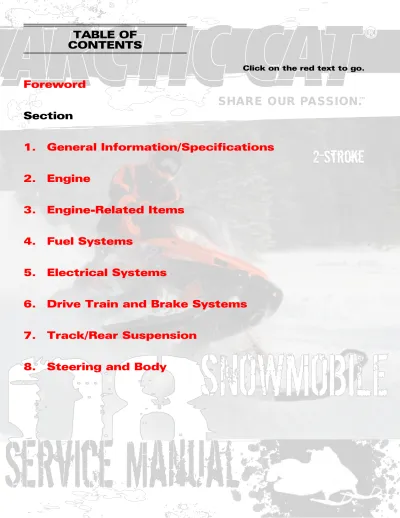 Preview: Arctic Cat F, Crossfire, M, Panther, Bearcat (370-1000cc Engines) Snowmobile 2008 Service Manual (P/N 2259-003, 2259-015)