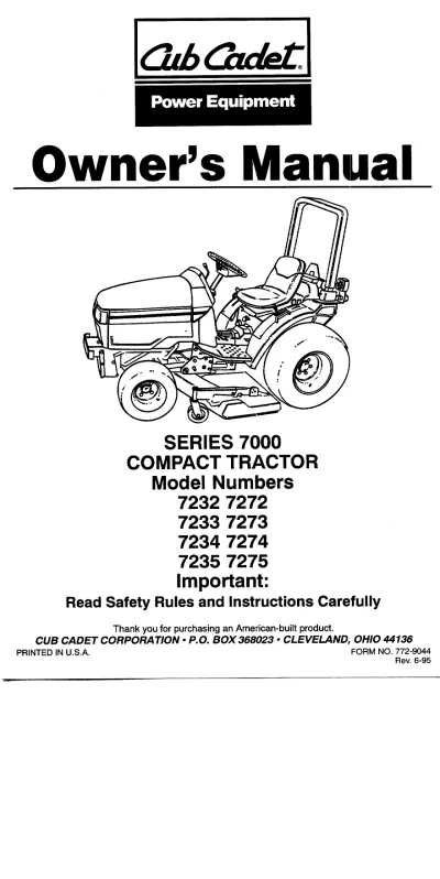 Preview: Cub Cadet 7232, 7233, 7234, 7235, 7272, 7273, 7274, and 7275 Compact Tractor Owner's Manual (P/N 772-9044)