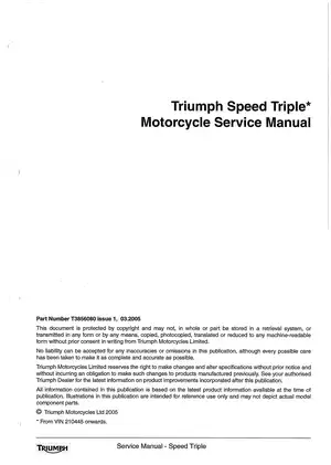 2005-2009 Triumph Speed Triple 1050 VIN 210445 motorcycle service manual Preview image 1