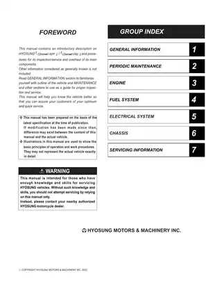 Hyosung Service Manual for Comet 125 and Corrado 250 (2002) Preview image 2