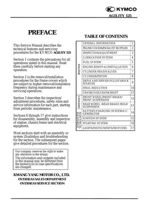 Kymco Agility 125 scooter service manual Preview image 1