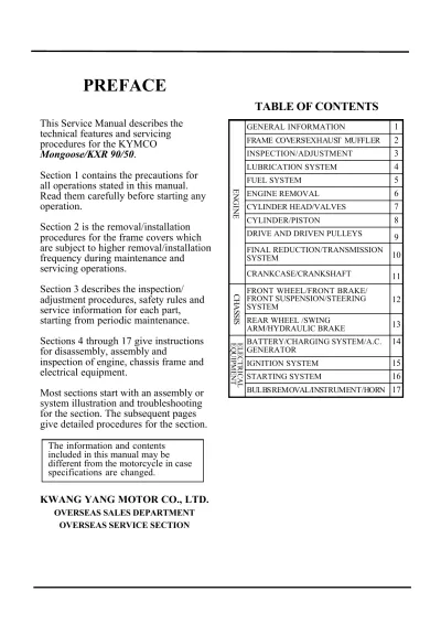 2003 KYMCO Mongoose/KXR 90/50 Service Manual (P/N 4121-LBD3/4-S00d)
