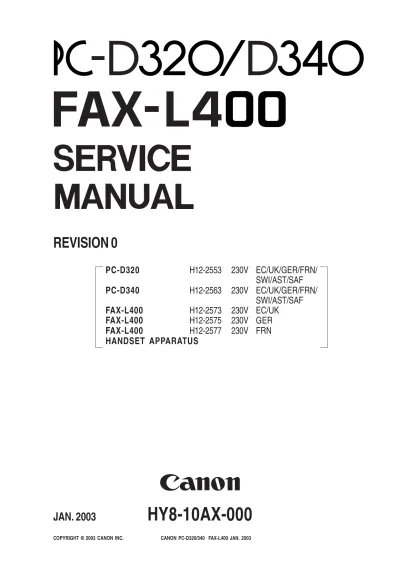 Preview: Canon PC-D320/D340 / FAX-L400 Service Manual (P/N HY8-10AX-000)