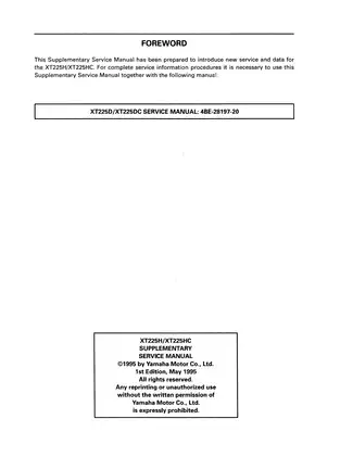 Yamaha XT225H/HC Supplementary Service Manual - Complete Guide for Mechanics Preview image 3
