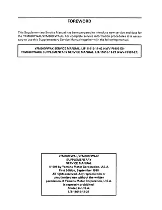 Yamaha YFM600FWAL/YFM600FWALC Supplementary Service Manual (1998 Edition) Preview image 5