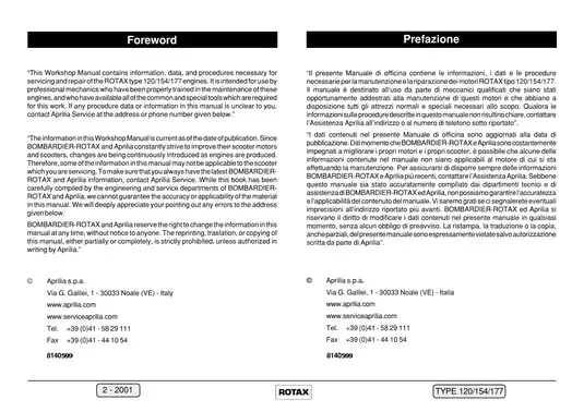 Aprilia Rotax engine 120-154S, S177 workshop manual, 2001 edition Preview image 2