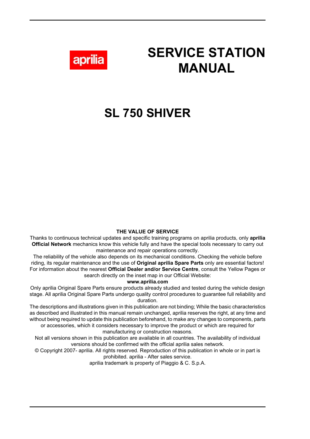 Aprilia SL 750 Shiver service station manual Preview image 2