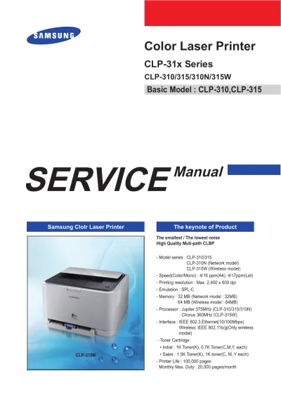 Preview: Samsung CLP-310, CLP-315, CLP-310N, CLP-315W Color Laser Printer Service Manual (P/N 0310-C0SEE)