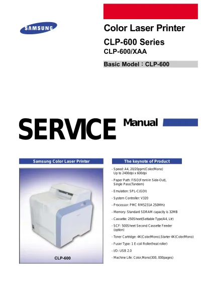 Preview: Samsung CLP-600 Series CLP-600/XAA Color Laser Printer Factory Service Manual (P/N JC-0150C)