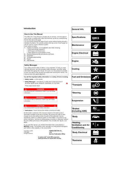 Preview: 2002 Honda CR-V ES, LX, EX, and RV-Si Shop Manual (P/N 62S9A00)