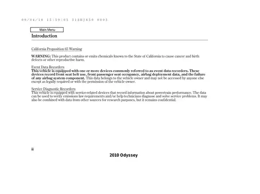 2010 Honda Odyssey Owner's Manual - Comprehensive Guide Preview image 2