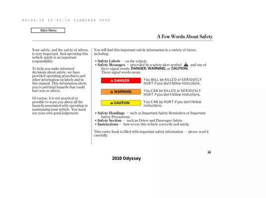 2010 Honda Odyssey Owner's Manual - Comprehensive Guide Preview image 3