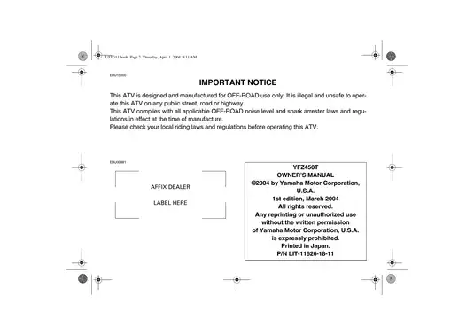 2004-2009 Yamaha YFZ450 owners manual Preview image 5