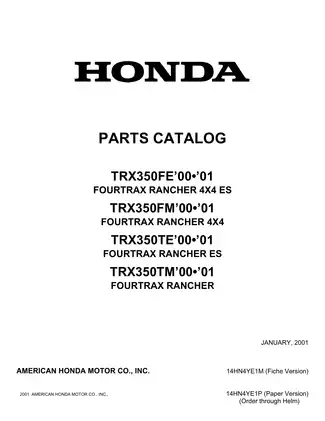 2001 Honda FourTrax Rancher TRX350 Parts Catalog Manual