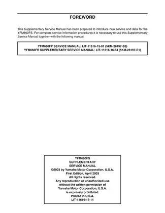 Yamaha YFM660FS Supplementary Service Manual (2003 Edition) Preview image 2