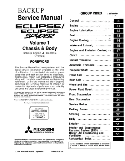 1990–1999 Mitsubishi Eclipse Spyder Service Manual (P/N 00109000171)