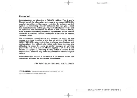 SUBARU Legacy Owner’s Manual (2006) - Comprehensive Guide for Maintenance and Operation