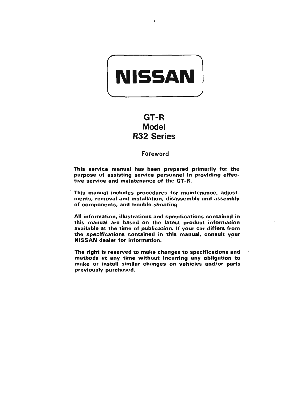 Nissan Skyline R32 GTR service and shop manual Preview image 1