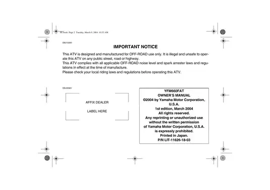 Yamaha Grizzly 660 ATV owners manual Preview image 5