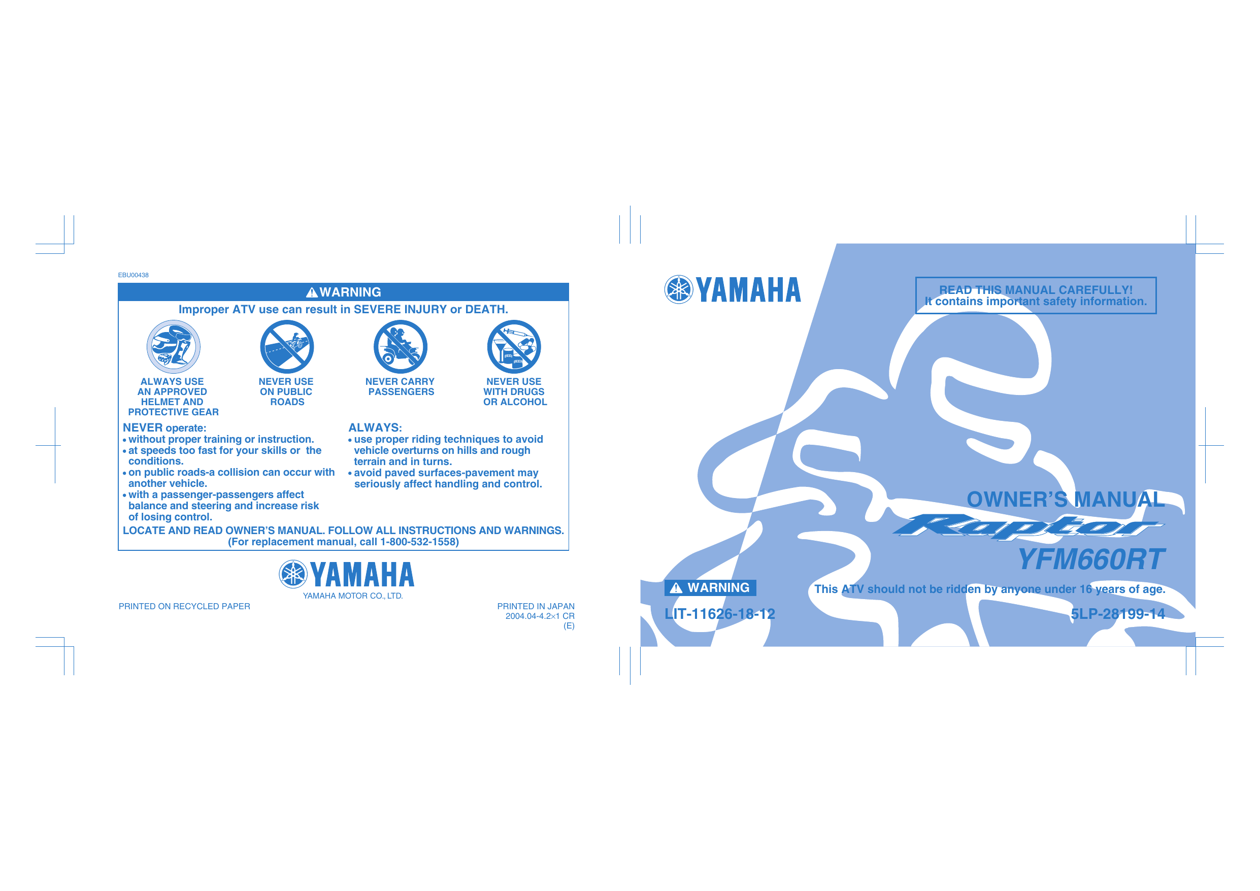 Yamaha Raptor 660 YFM-660 ATV manual Preview image 1