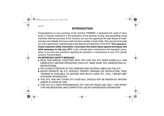 Yamaha Raptor 660 YFM-660RT ATV manual Preview image 3