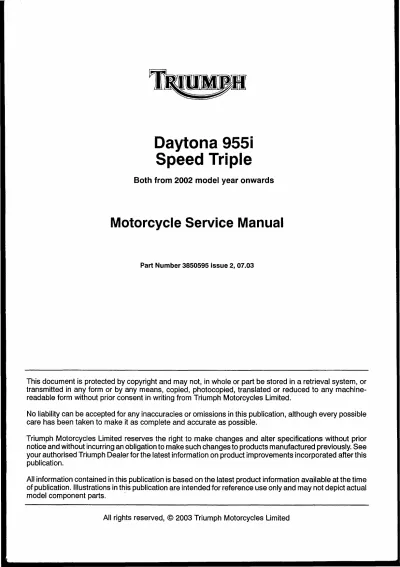 Preview: 2002–2004 Triumph Daytona 955i / Speed Triple Service Manual (P/N 3850595)