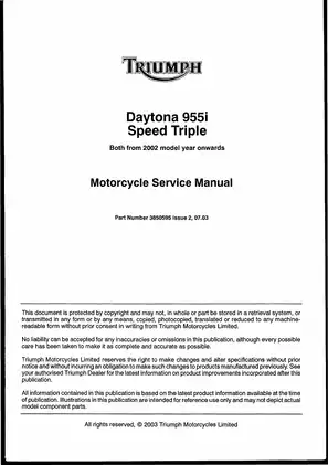 Triumph Motorcycle Service Manual for Daytona 955i and Speed Triple (2002 Onwards)