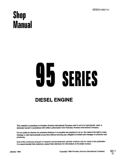 Preview: Komatsu 3D95S, 4D95L, S4D95L, 6D95L, S6D95L & SA6D95L Diesel Engine Workshop Manual (P/N SEBE61460114)