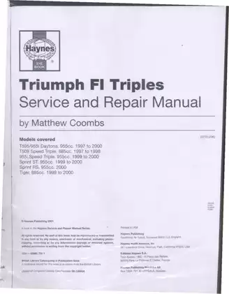 1997-2000 Triumph Daytona T595/955i, Speed Triple T509/955i, Sprint ST/RS and Tiger 885c service and repair manual Preview image 1