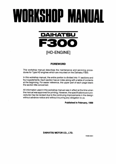 Daihatsu F300 HD Engine Workshop Manual (PN WN88E-00001)