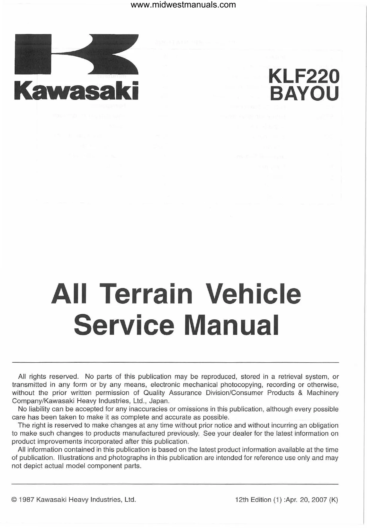 1998-1999 Kawasaki Bayou 220 Series Service Manual Preview image 5
