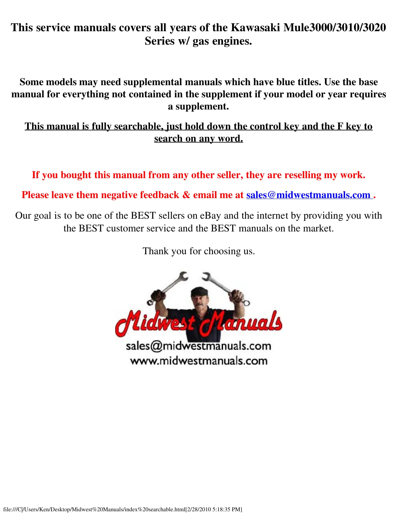 Kawasaki Mule 3000/3010/3020 Series Service Manual - Digital Download