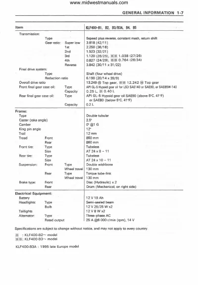 Kawasaki KLF-400 Bayou 4x4 Supplemental OEM Service Manual 1993–1999