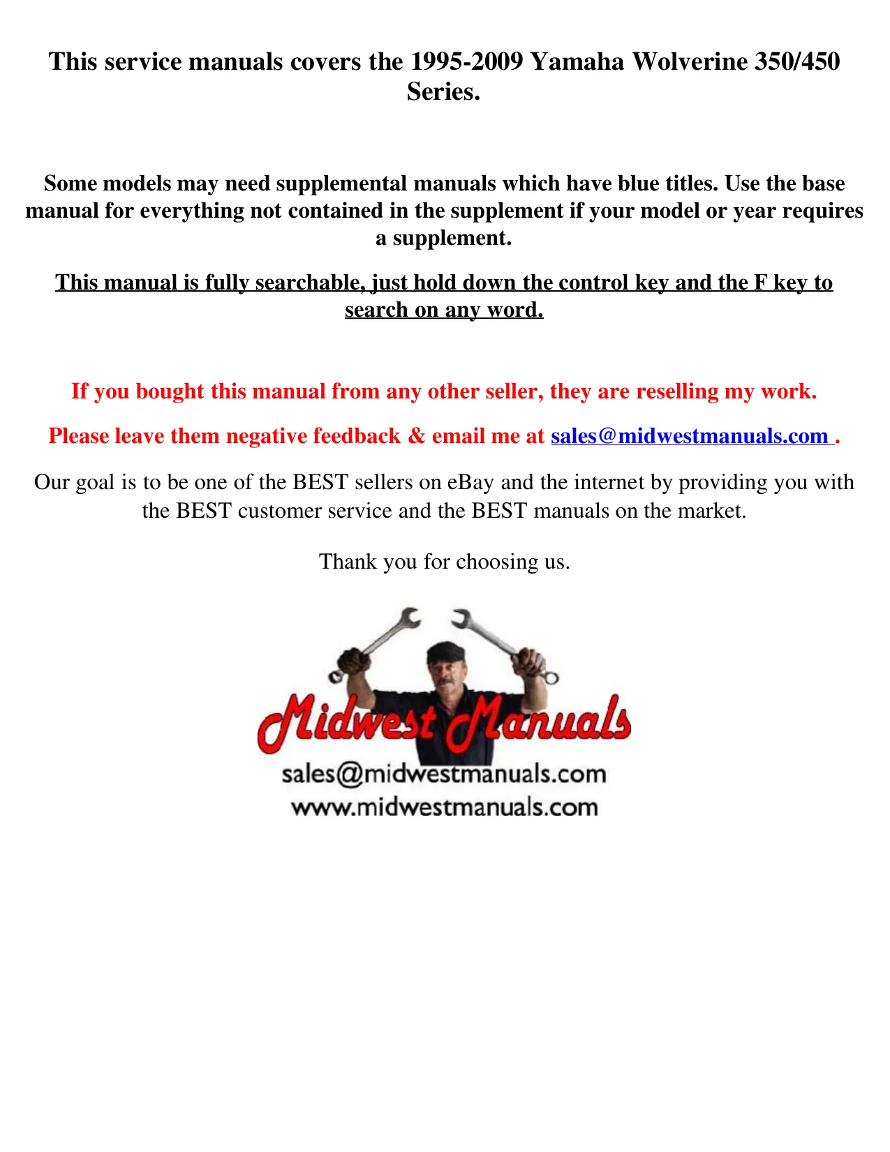 Yamaha Wolverine 350/450 Series Service Manual (1995-2009)