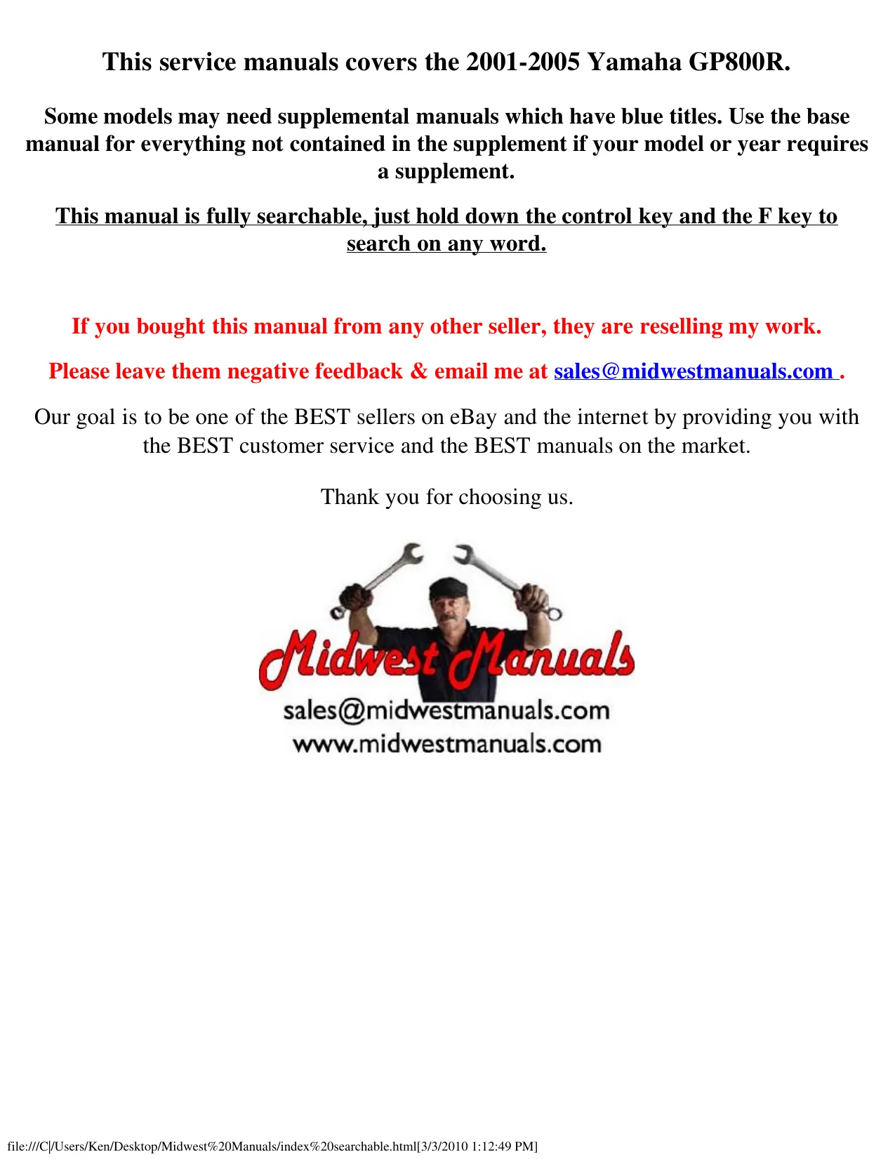 2001-2005 Yamaha GPS800R Service Manual & Parts Guide Preview image 1