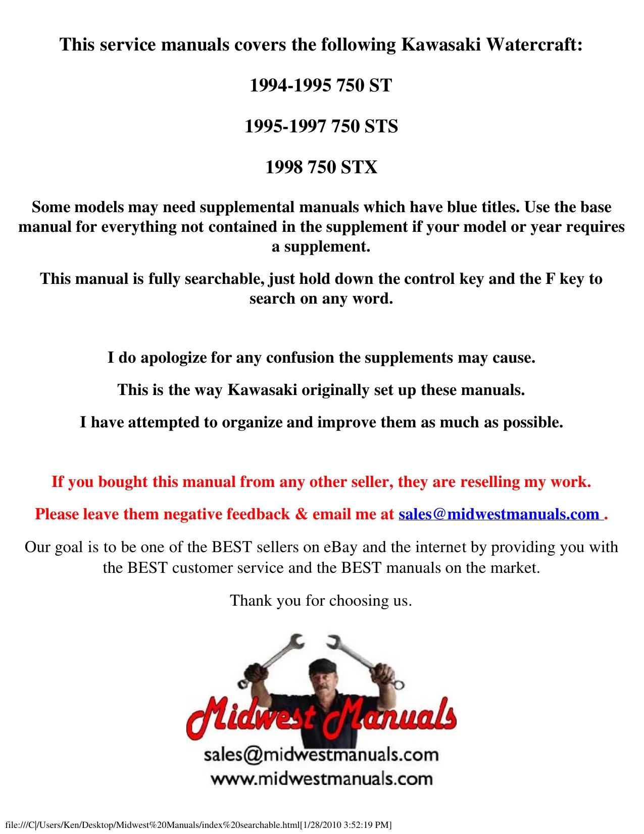 Kawasaki JET SKI Watercraft Service Manual - 750 ST, STS, STX (1994-1998)