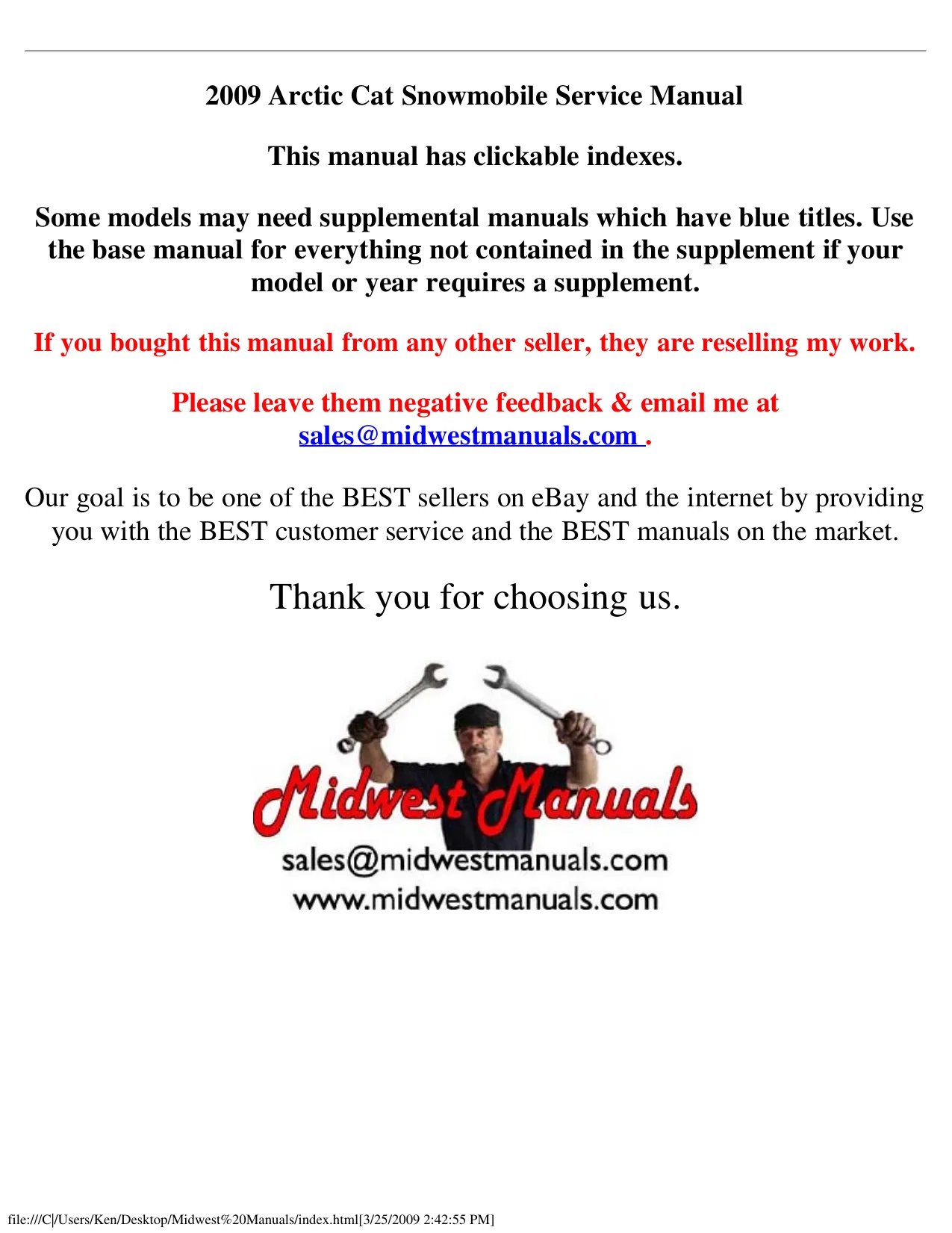 2009 Arctic Cat Snowmobile Service Manual - Comprehensive Guide