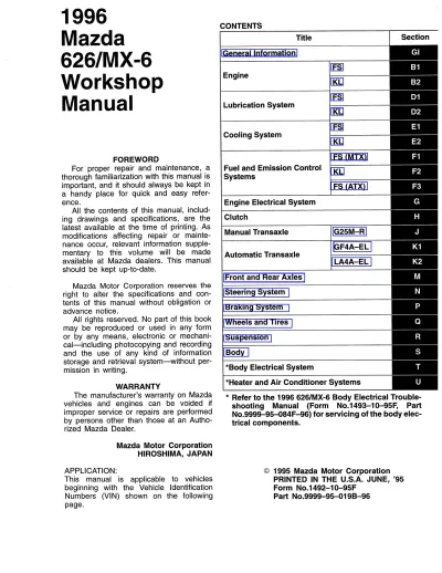 Preview: 1996 Mazda 626/MX-6 Workshop Service & Repair Manual (P/N 9999–95–019B–96)