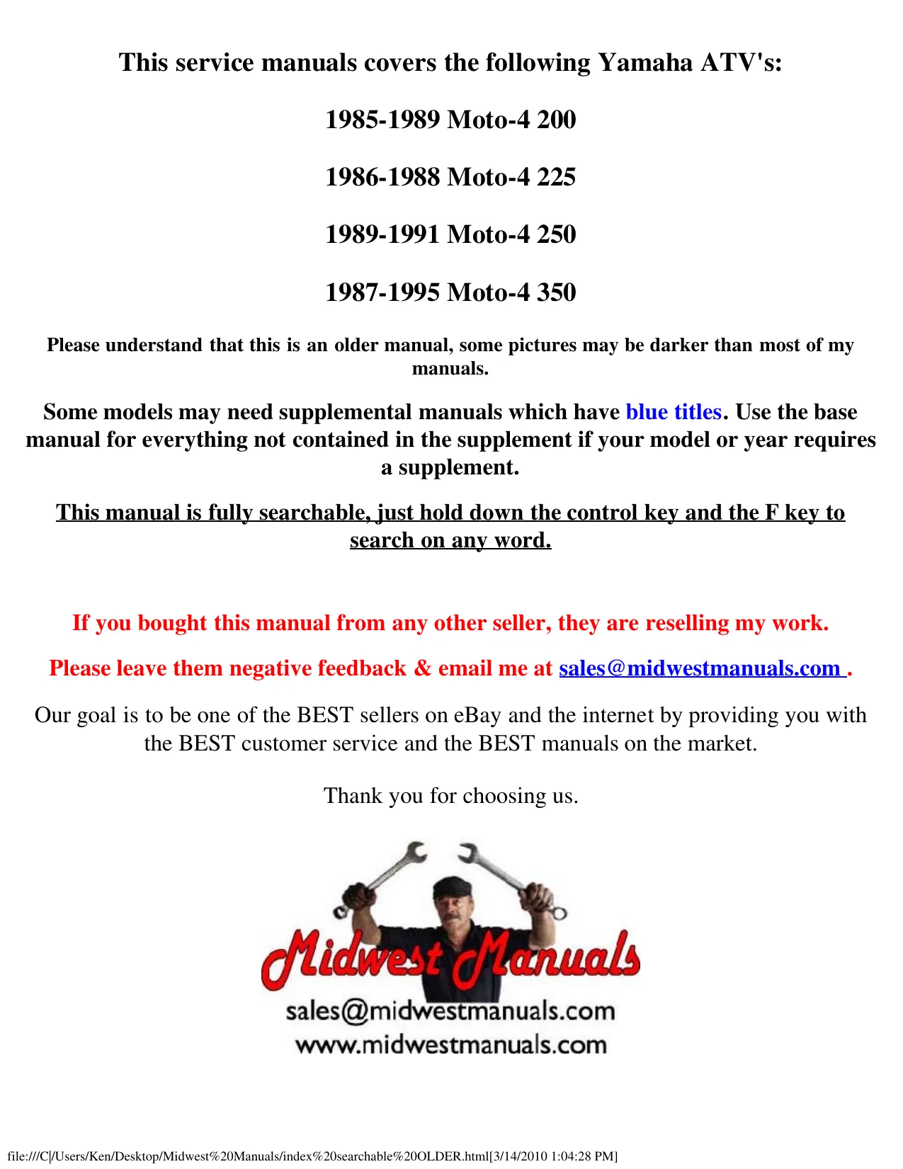 Yamaha YFM200N ATV Service Manual - Comprehensive Guide for Maintenance and Repair Preview image 1